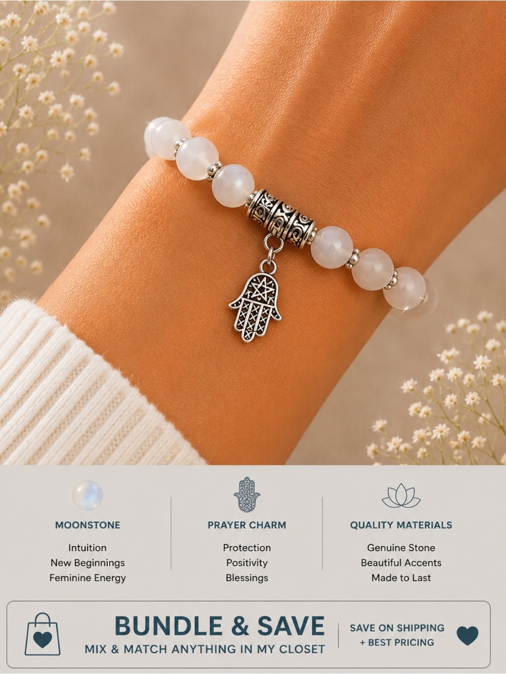 Moonstone Genuine Quartz Stone, Hamsa silver accent stretch UNISEX Bracelet